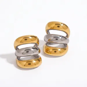 Three Layer Ear Cuff Stainless Steel 18K Gold Plated Two Tone Geometric Minimalist Non Pierced Clip On Earrings Women