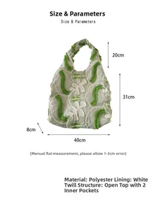 Guide des tailles montrant 40x31x8cm et le matériau polyester du sac à fleurs en dentelle