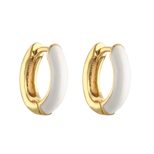 Detail of white enamel and gold plated C-shaped hoop earrings with huggie clasp