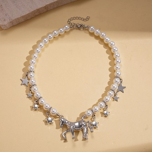 Faux pearl necklace with silver star charms and a central horse pendant in vintage style