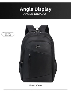 Front view of black waterproof oxford backpack with SPORT metal logo and multi-pockets
