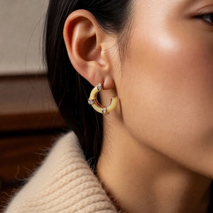 French vintage gold C-shape earrings with beige enamel and sparkling crystals