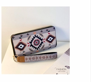 Ethnic geometric pattern long wallet with zipper and wrist strap for women