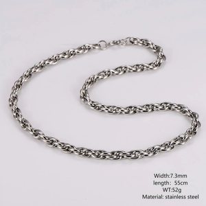 Close-up of 7.3mm stainless steel twisted rope chain necklace with size specifications