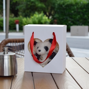 White gift box with heart-shaped window and red ribbon handle featuring a panda plush