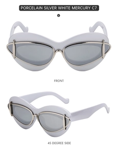 Front and side view of porcelain white cat eye sunglasses with silver mirror lenses