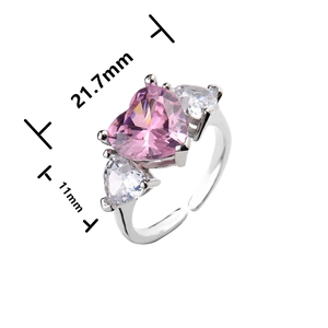 Detailed dimensions of pink heart zircon ring with three-stone setting and adjustable band