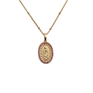 Copper necklace with gold oval religious pendant surrounded by pink zircon stones