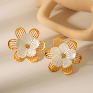 French retro 18k gold floral earrings with cream petals and central crystal stud detail