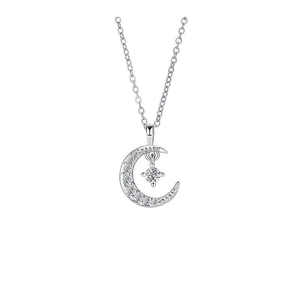 Elegant titanium steel crescent moon and star pendant necklace with zircon crystals