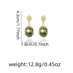 Detailed view of vintage French green oil painting earrings with pearl and dimensions