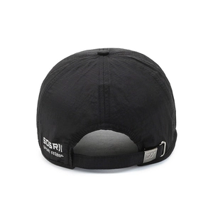 Back view of black quick-dry baseball cap with adjustable metal buckle and side print