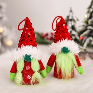 Lighted Christmas Grinch gnome plush ornaments with sequins and warm glowing lights