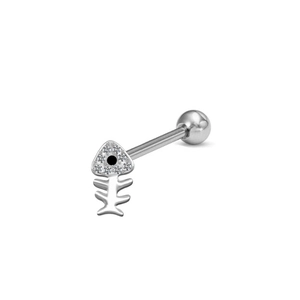 Detailed macro shot of a stainless steel tongue ring with a fishbone shape and crystals