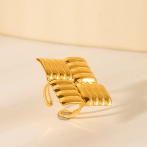 18K gold plated stainless steel ring with textured wave pattern and adjustable open band