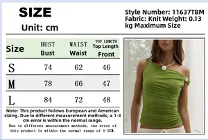 Tableau des tailles pour crop top vert à épaule dénudée avec détails des mesures