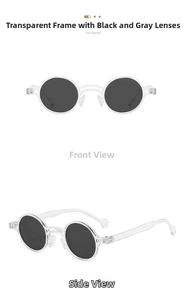 Detail view showing transparent frame and dark grey round lenses of retro sunglasses