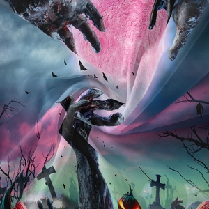 Detail of Halloween tapestry fabric showing silky satin texture and vibrant zombie prints