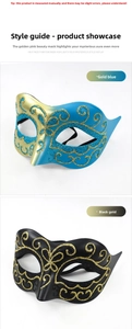 Detail of glitter painted masquerade masks featuring intricate floral patterns and ribbon ties