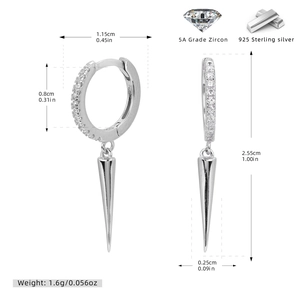 Macro detail of S925 silver hoop earrings with zircon studs and spike pendant dimensions