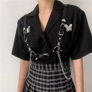 Punk black leather body harness with silver chains and butterfly embroidery detail