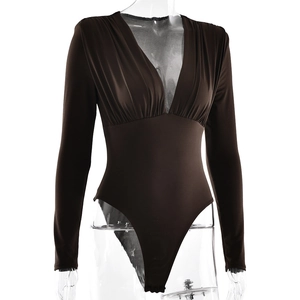 Detail of deep V-neck long sleeve bodysuit in dark brown with elegant pleated chest design