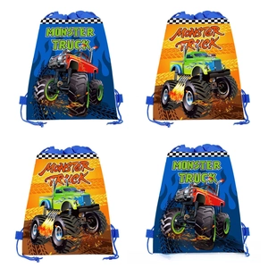 Detail view of four monster truck drawstring gift bags in blue and orange designs