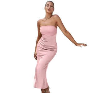 Elegant pink satin strapless slim fit midi dress with structured patchwork design