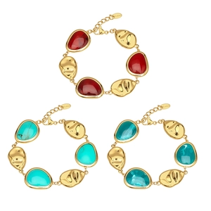 Hammered 18k gold plated stainless steel bracelets with red and turquoise resin stones