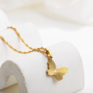 18k gold plated stainless steel butterfly pendant necklace with textured finish chain