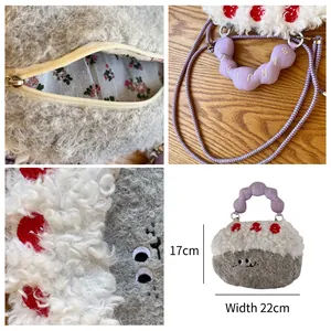 Cute cartoon embroidered plush crossbody bag with purple adjustable shoulder strap