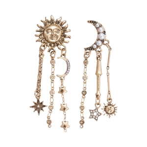 Vintage gold asymmetrical earrings with pearl moon sun portraits and star fringe charms