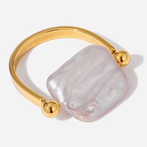 Artificial Baroque Pearl Ring Stainless Steel 18K Gold Plated Irregular Square Artificial Pearl Minimalist Elegant Ring For Women Jewelry