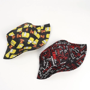 Detail of black bucket hats with colorful Bart Simpson cartoon and graffiti prints