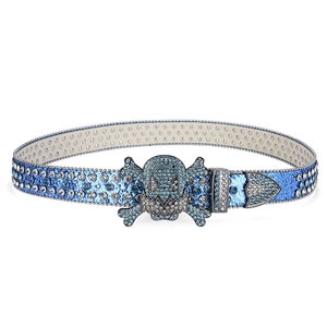 Detailed close-up of blue rhinestone-studded belt with a crystal skull buckle