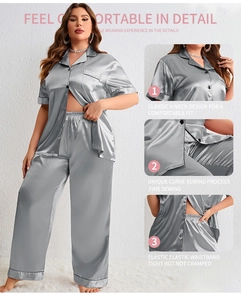 Detail view of silver satin sleepwear set featuring V-neckline and elastic waistband