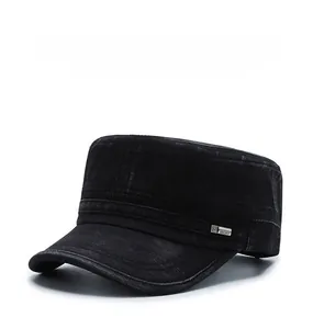 Detail of black cotton flat top army cap featuring a silver S SPORT metal side badge
