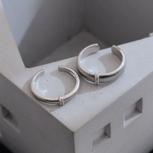 Minimalist S925 silver open rings with striped texture and sparkling zircon stones