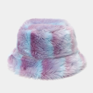 Rainbow fuzzy bucket hat with blue and purple stripes made of plush faux fur for winter