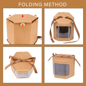 Brown hexagonal kraft paper gift box with window and ribbon assembly guide