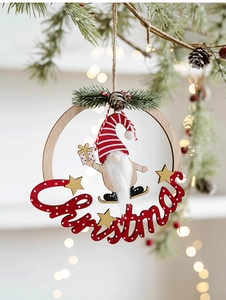 Detailed view of a wooden Christmas ring ornament featuring a gnome and star decor