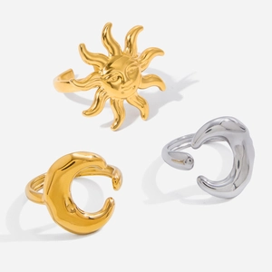 Sun Moon Open Rings 18K Gold Plated Stainless Steel Adjustable Irregular Liquid Metal Vintage Jewelry For Women