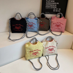 Chic butterfly and cherry embroidery nylon tote bags in six colors with checked handles