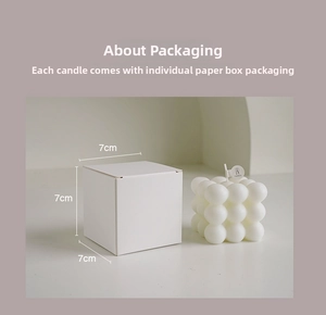 Detailed view of white bubble cube candle with 7cm square gift box dimensions