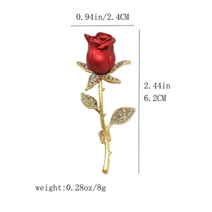 Detail view of red rose brooch with dimensions 6.2cm height and 2.4cm width