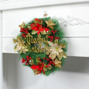 35cm Christmas wreath with red poinsettia and Merry Christmas glitter sign decoration