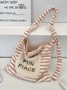 Sac Fourre-Tout En Peluche À Rayures Sac À Épaule En Fausse Fourrure Bandoulière Grande Capacité Broderie Mode Décontractée