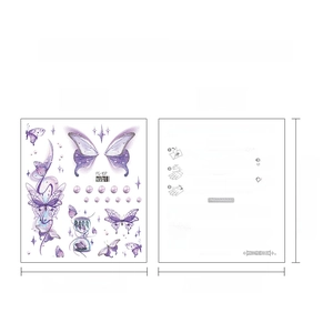 Waterproof purple glitter butterfly tattoo sticker showing package front and instructions