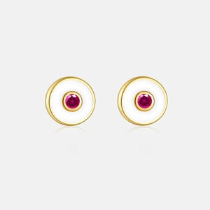 Macro detail of S925 sterling silver evil eye stud earrings with enamel and rose gem