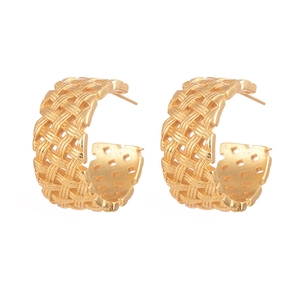 Golden C-shaped woven textured earrings with vintage metallic hoop design for women